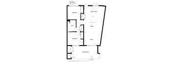 A black and white image of a floor plan for a house with a large kitchen and two bedrooms.