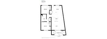 A floor plan of a home with two bedrooms, a kitchen, a living room, a dining room, a bathroom, a storage area, and a covered patio.