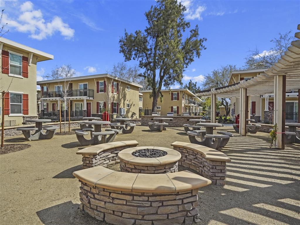 Blue sky and firepit at Parkside Apartments, Davis, CA