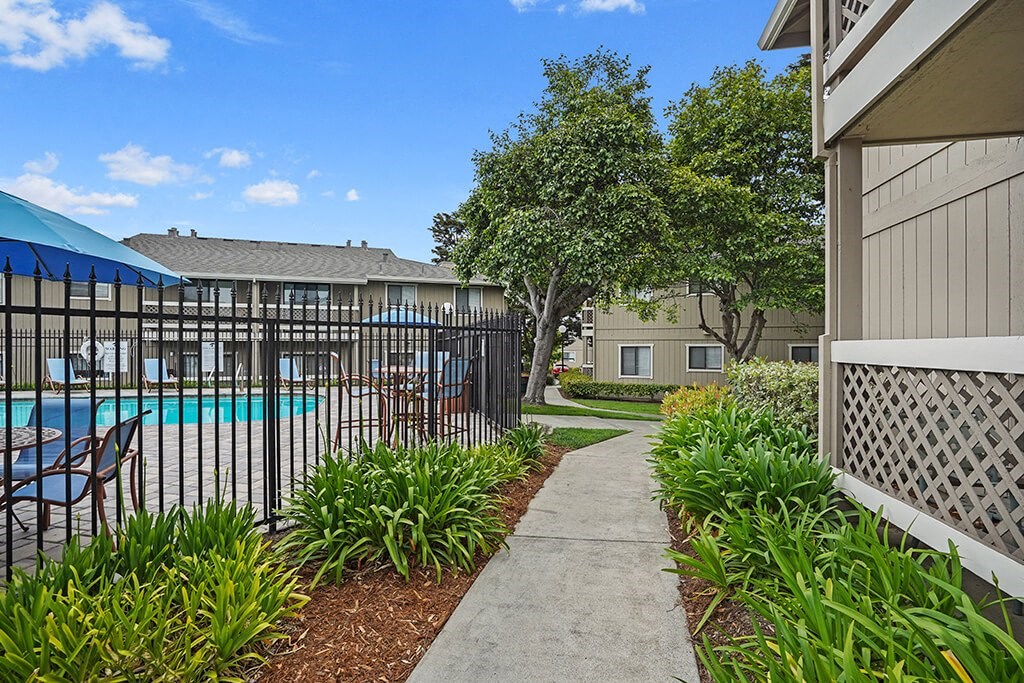 Landscaping along pool at Cypress Landing, Salinas, California