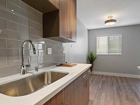 a kitchen with a sink and a window