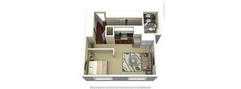 A floor plan of a small apartment with a kitchen, living room, and bathroom.