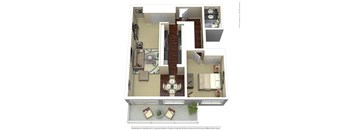 A 3D floor plan of a house with a living room, dining room, kitchen, and bathrooms.