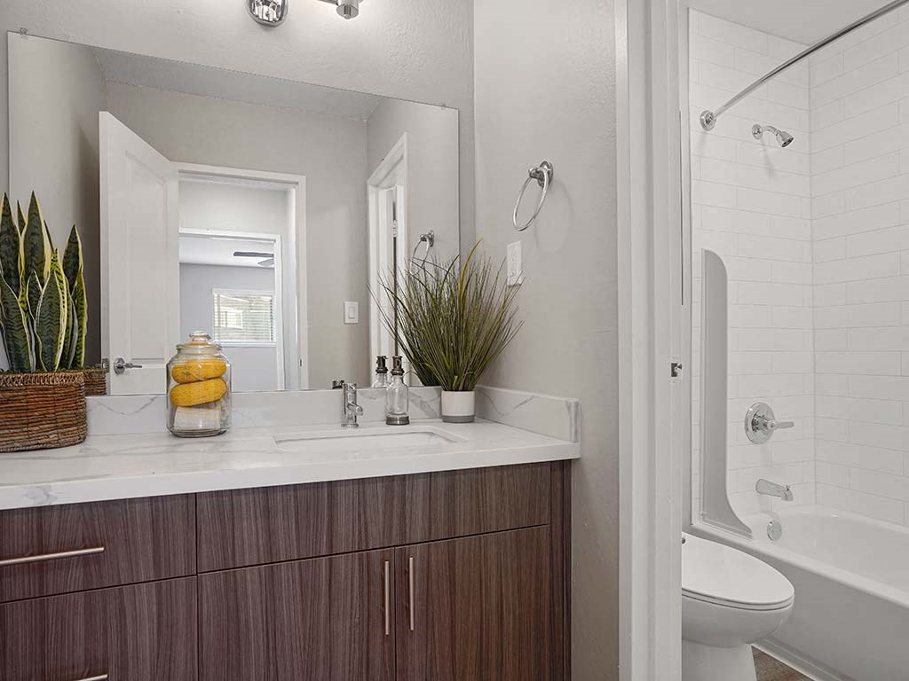 Renovated Bathrooms With Quartz Counters at Fairmont Apartments, California, 94044