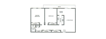 A floor plan of a house with a master bedroom, two closets, a bath, a vanity, a dining room, a living room, and a patio.