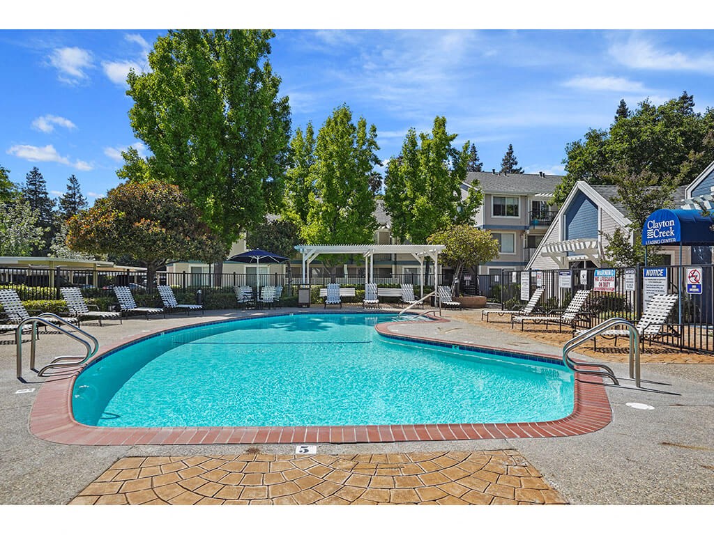 Sunny poolside view at Clayton Creek Apartments, Concord, 94521