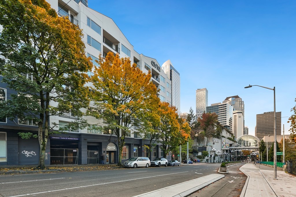 A tree with orange leaves is in front of a white building.