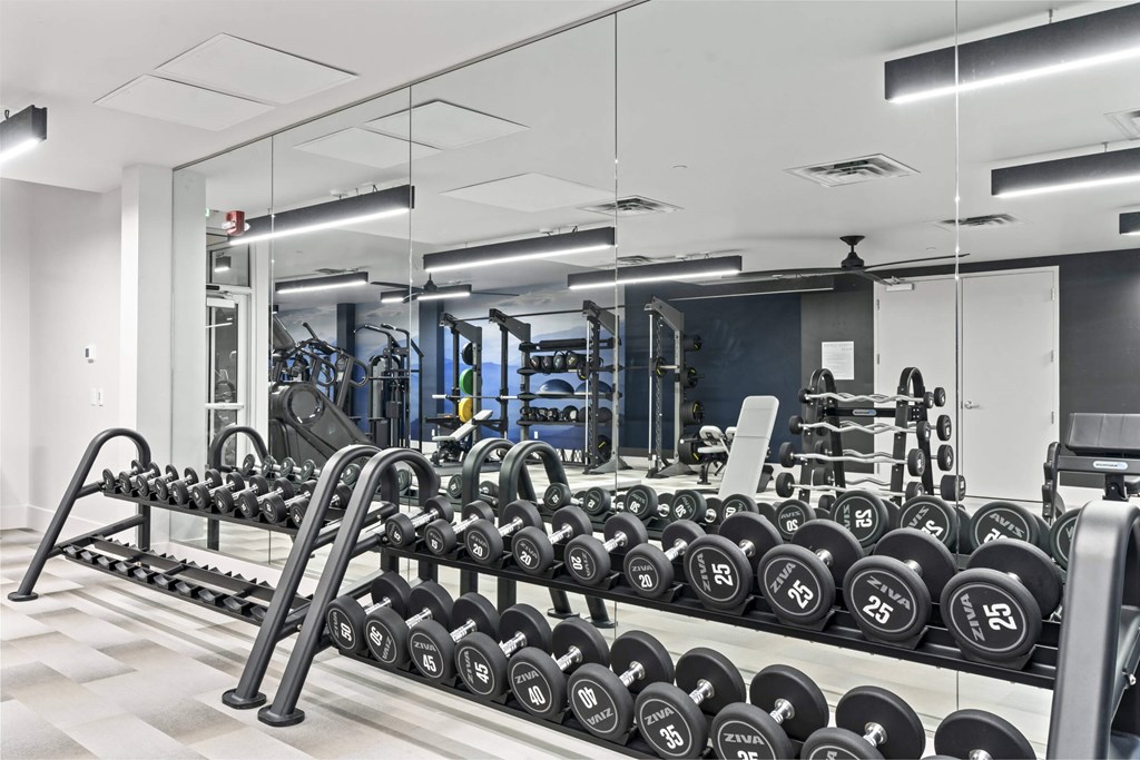 A gym with a row of dumbbells on a rack. at Brickside Heights, Millcreek, 84106