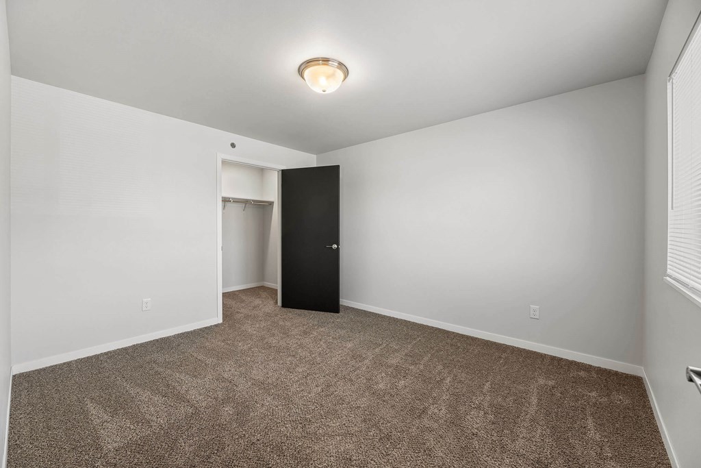 an empty living room with carpet and a door to a closet at Red Rock Apartments, South Dakota 57702