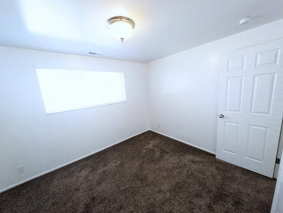 A room with a carpeted floor, a white door, and a window with blinds.