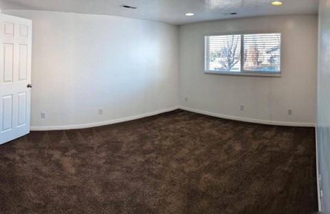 A room with brown carpet and a window showing trees outside.
