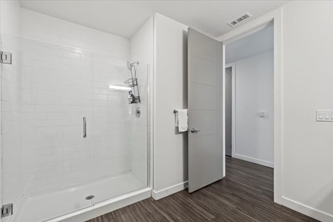 A white bathroom with a walk-in shower and a wooden floor.