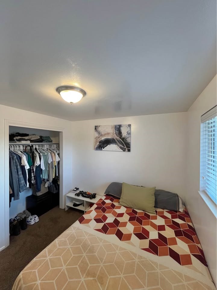 A bedroom with a bed, a clothing rack, and a picture on the wall.