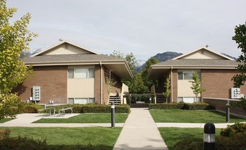 A row of houses with a mountain in the background.