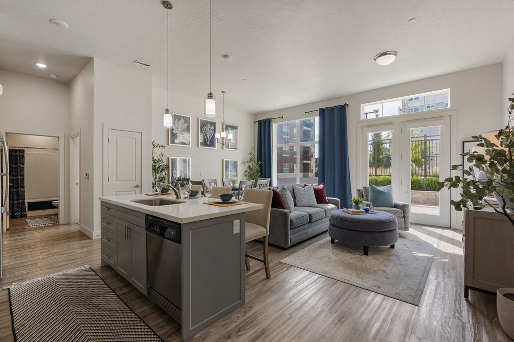 an open floor plan with a kitchen and living room at 200 City View, Provo, UT, 84601
