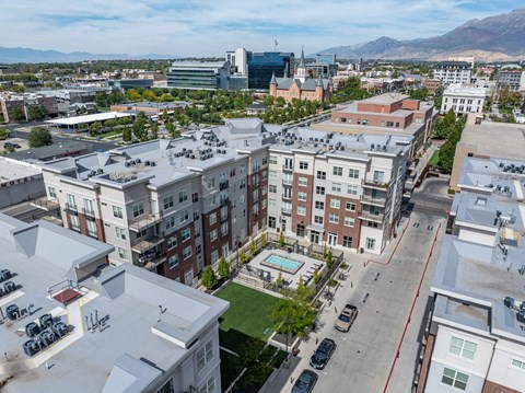 an aerial view of a city with a spa and buildings at 200 City View, Provo