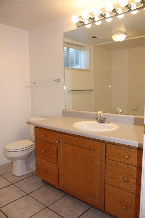 A bathroom with a toilet, sink, and mirror.