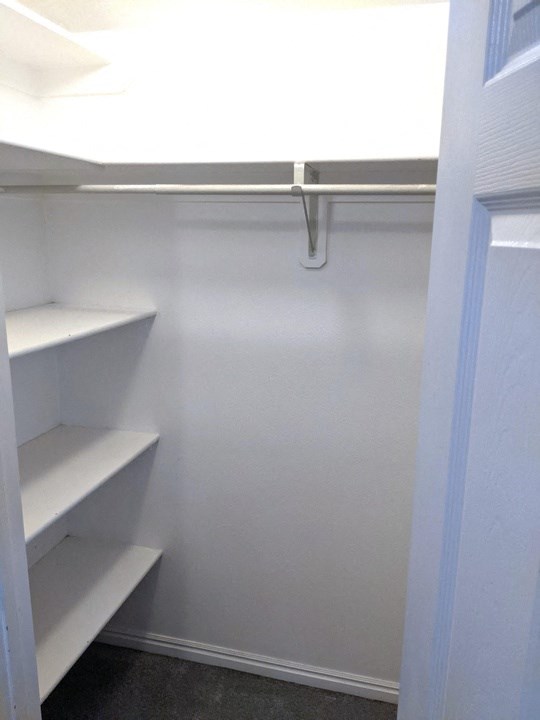 A white closet with shelves and a door.