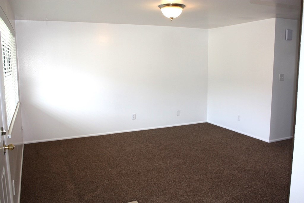 A room with brown carpet and white walls.