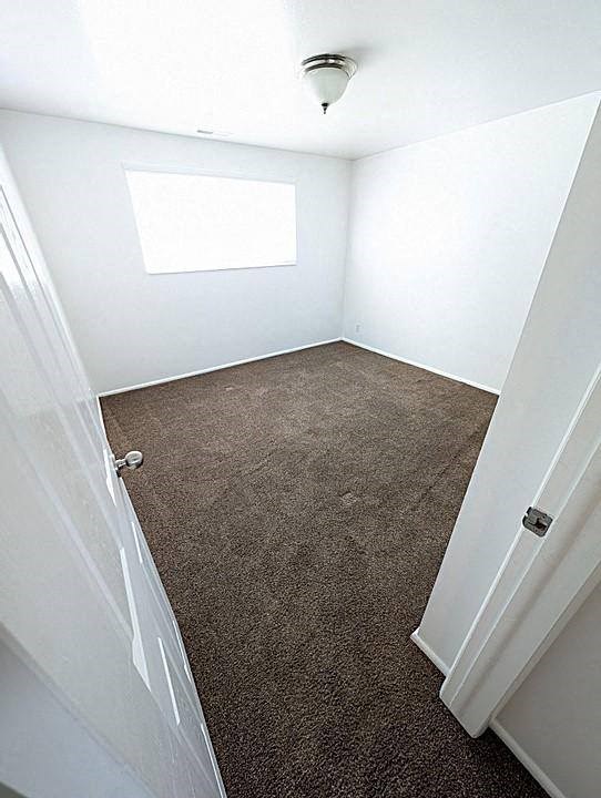 A carpeted room with a door and a window.