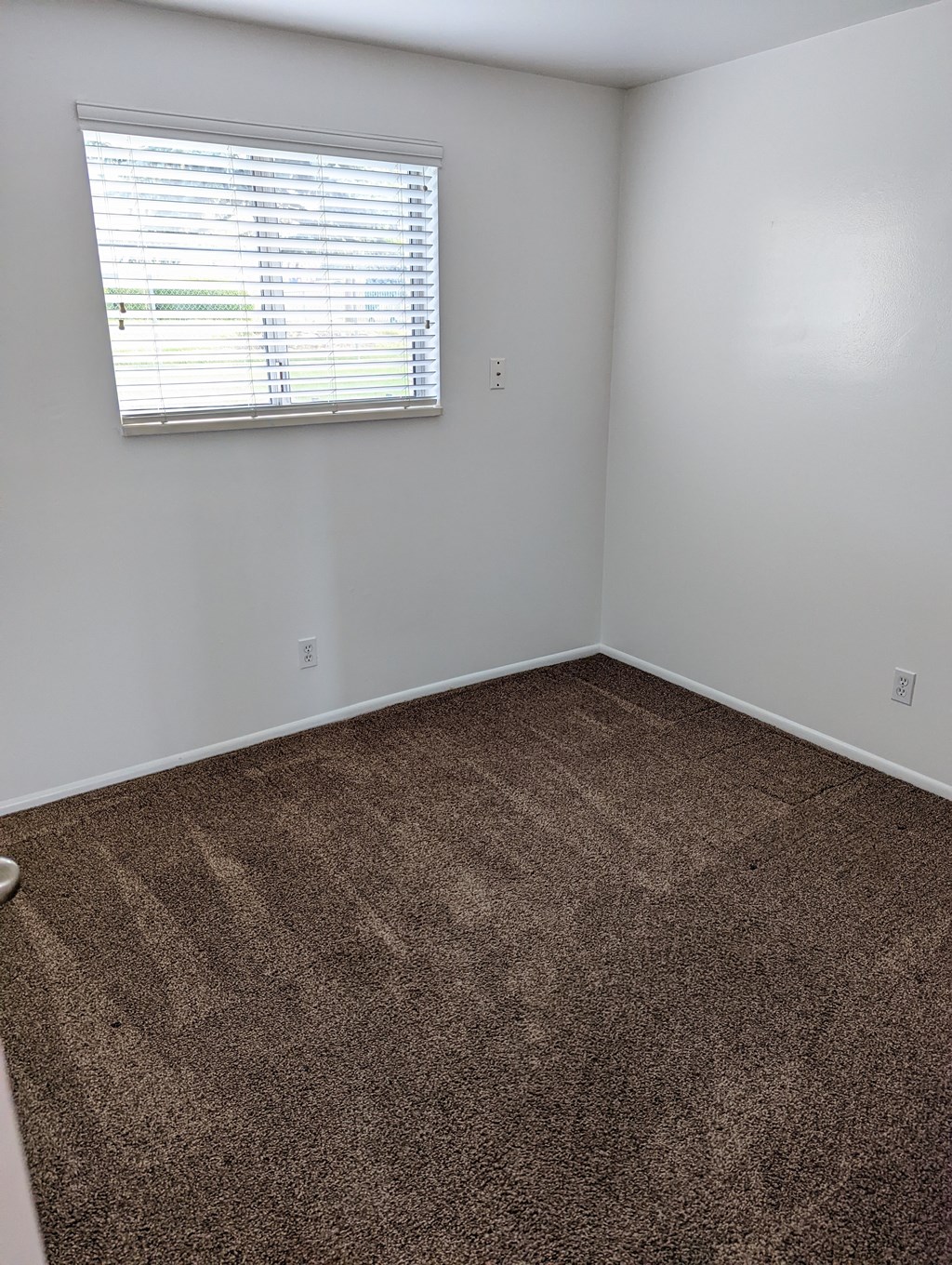 A room with a carpeted floor and a window with blinds.