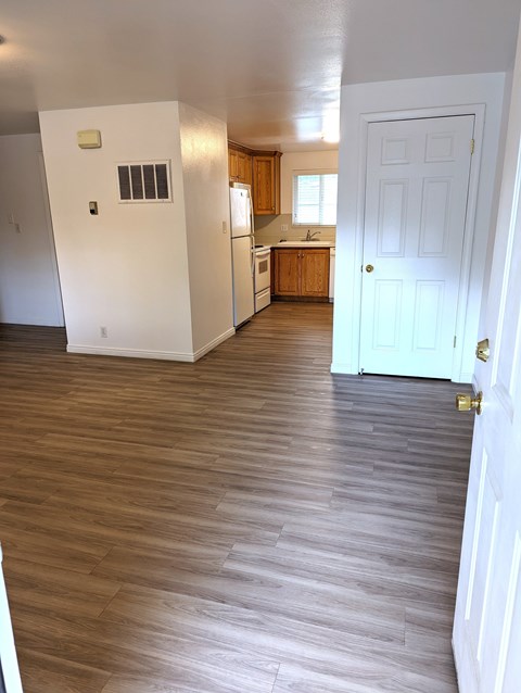 A kitchen with a white door and wooden floors.