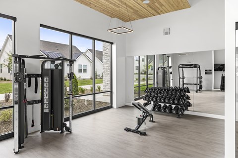A gym with a row of dumbbells at Alante Homes at Spring Run, Idaho