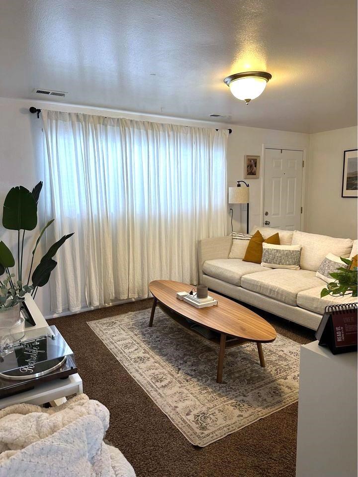 A living room with a couch, a coffee table, and a rug.