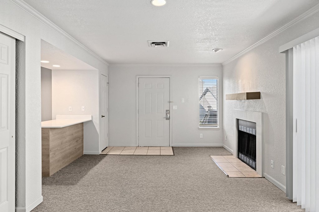 a living room with a fireplace and a white door