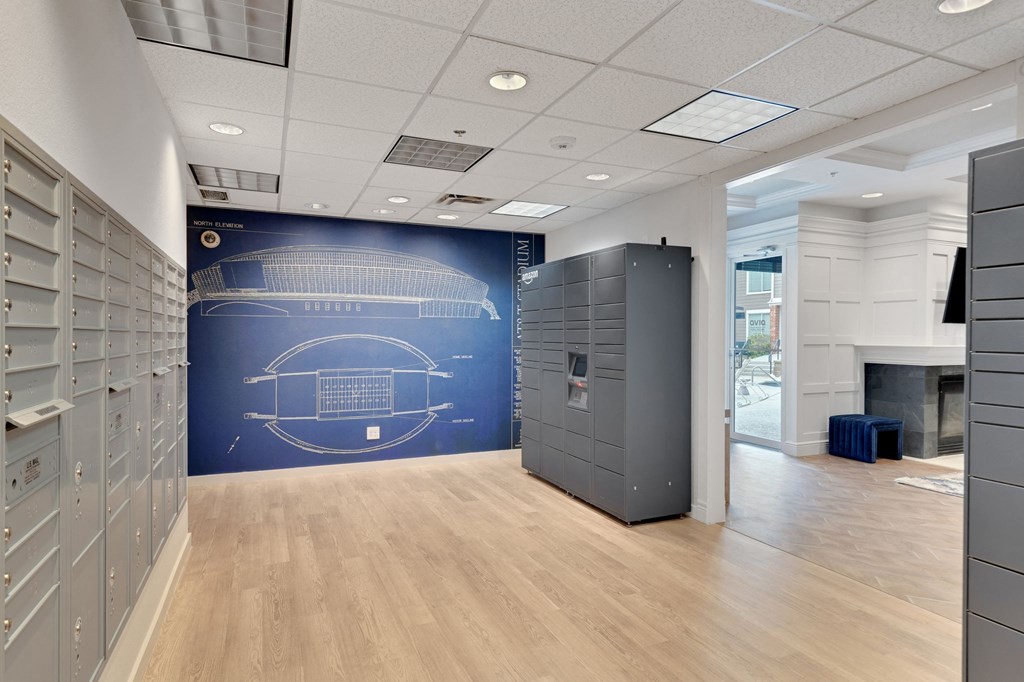 a view of a locker room with a blue wall