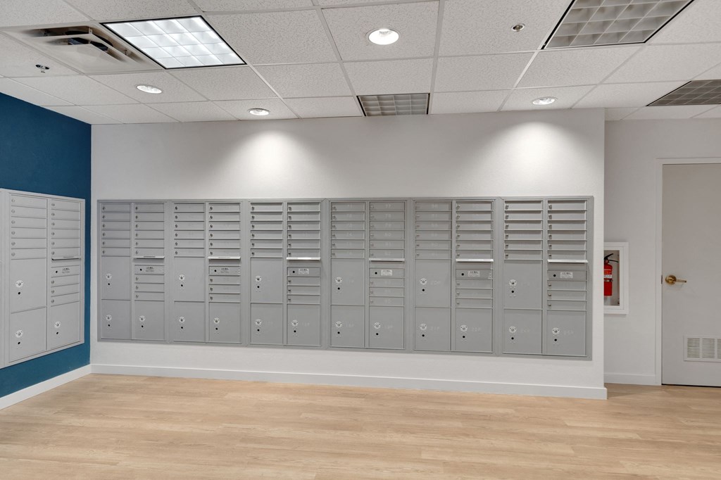 the lockers in the new building have been painted blue and white