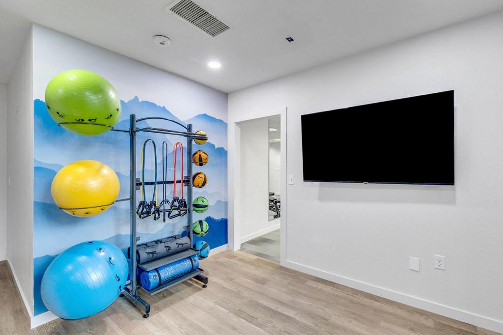 a workout room with weights and a tv on the wall