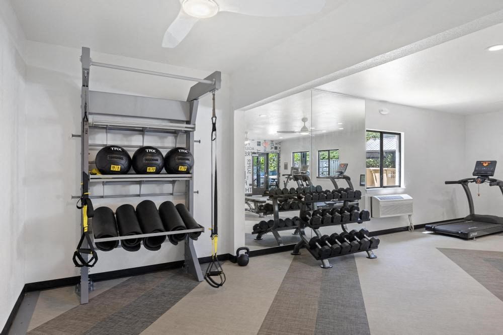 a home gym with weights and a treadmill