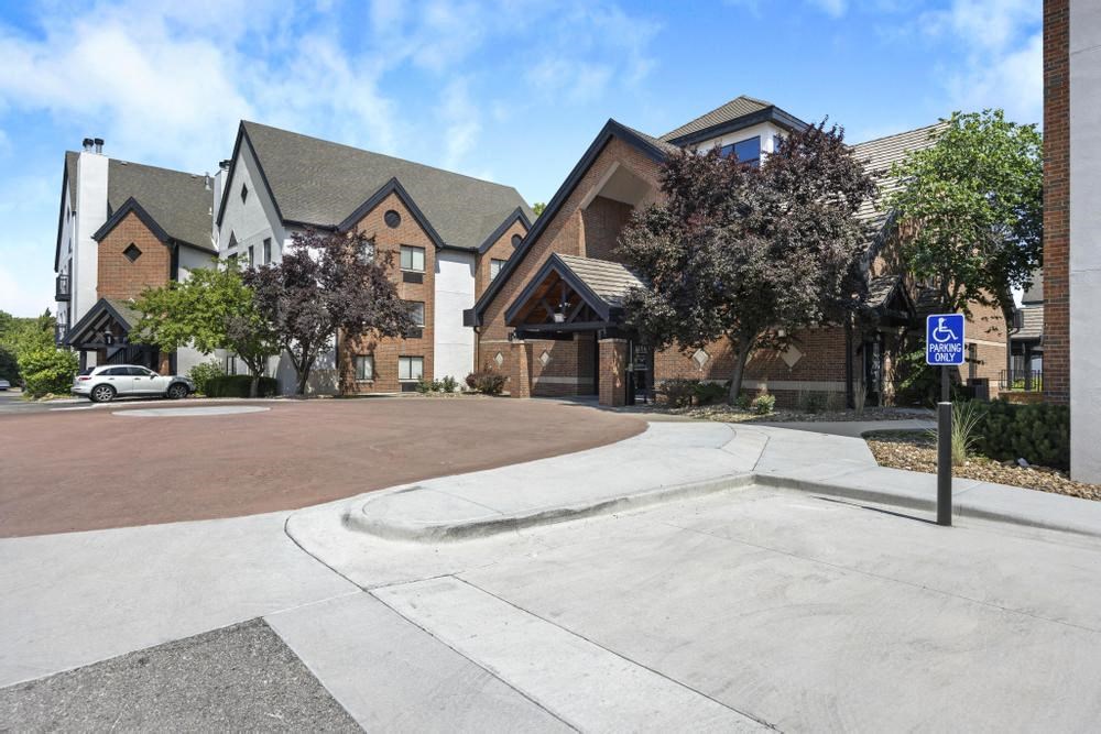 a parking lot in front of a building
