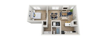 Income restricted home 1 bed 1 bath floor plan at AVIA Lofts on Parkway in Vancouver WA featuring an open concept layout modern kitchen spacious bedroom full bathroom at AVIA Lofts on Parkway, Vancouv