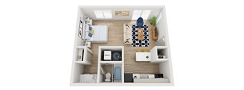 Income restricted MHA home Hudson studio floor plan at AVIA Lofts on Parkway in Vancouver WA featuring an open concept layout modern kitchen efficient living space at AVIA Lofts on Parkway, Vancouver