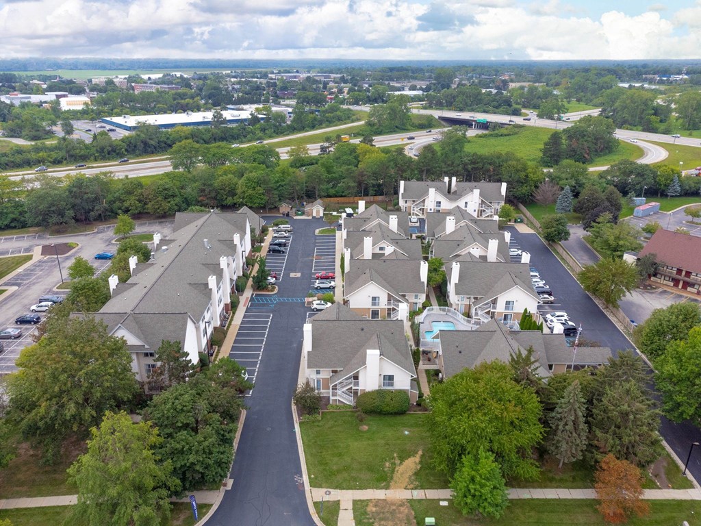 an aerial view of a neighborhood of houses