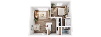 ADA-accessible 1-bedroom, 1-bathroom apartment floor plan with 475 square feet at AVIA Apartments on Alpha in Dallas, Texas.