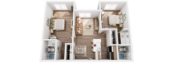 The Addison 2 bed 2 bath floor plan at AVIA Apartments on Alpha Road in Dallas Texas featuring an open concept layout