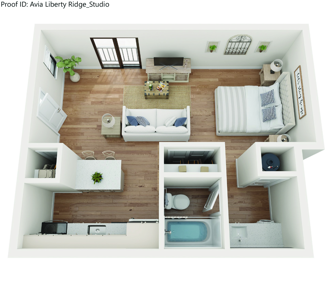 A floor plan of a studio apartment with a living room, kitchen, and bathroom.