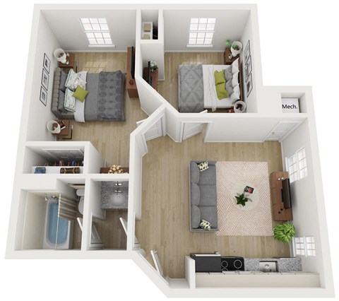a 3d drawing of a bedroom with a living room