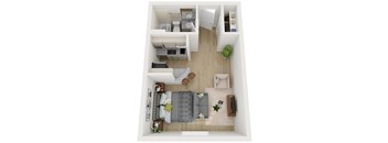A top down view of a small apartment with a bedroom, living room and kitchen.
