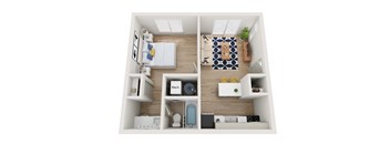 a stylized floor plan with a bedroom and a bathroom