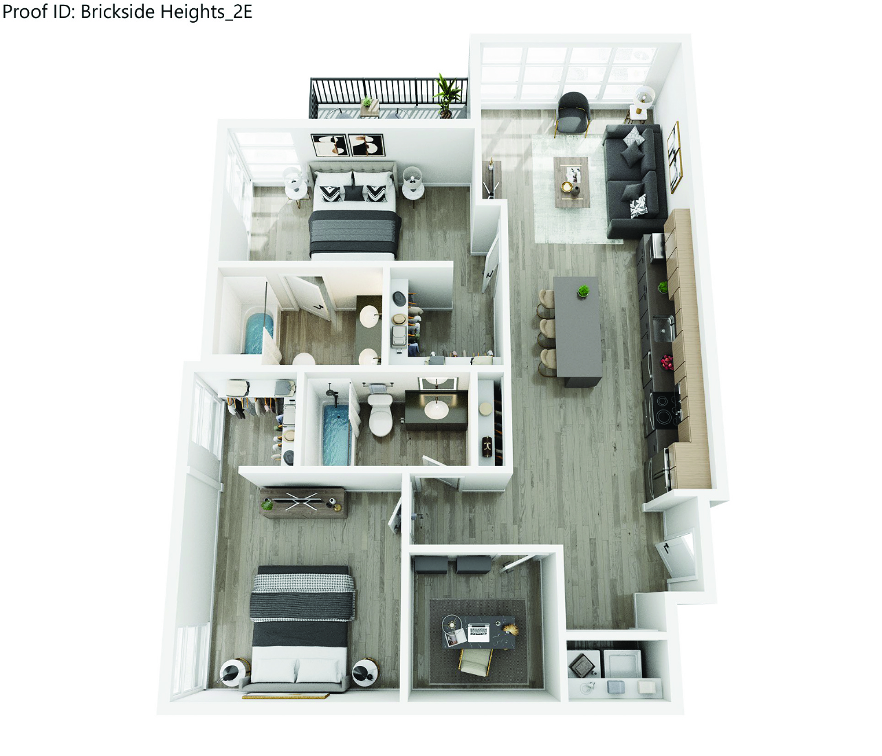 Ironwood floor plan at Brickside Heights in Millcreek, UT—2 bedroom 2 bathroom apartment with den, 1,122 sq ft, open living and kitchen layout.
