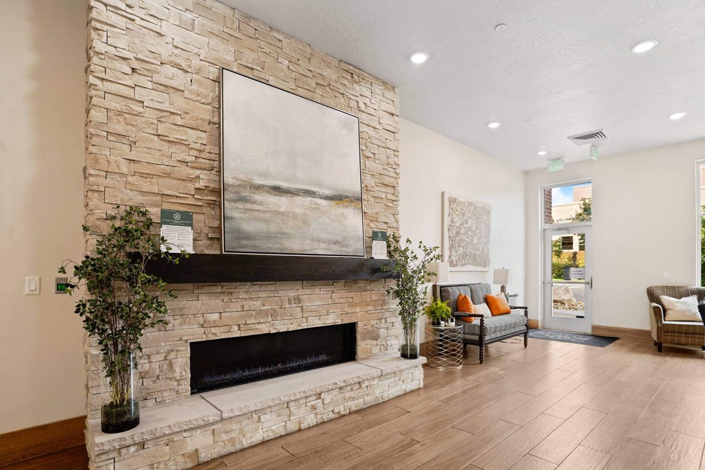 living room with stone fireplace at 200 City View, Provo, 84601