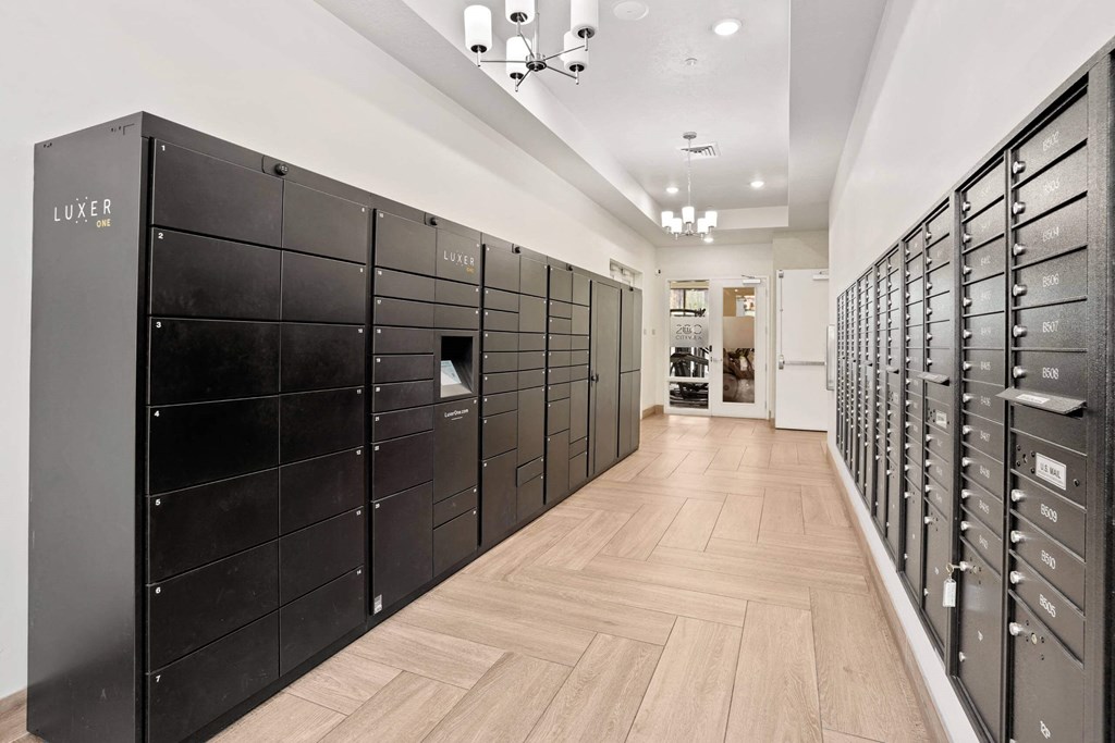 a bunch of lockers in a room with a wood floor at 200 City View, Provo