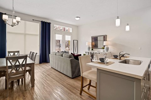 a living room with a kitchen and a dining table