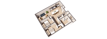 Dali Bleu income restricted 2 bed 1 bath floor plan at Paperbox Lofts in Salt Lake City UT featuring a spacious open concept layout modern kitchen comfortable bedrooms full bathroom