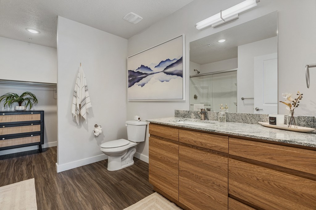 a bathroom with a toilet and a sink and a mirror at The Flats at Riverwoods, Provo, Utah