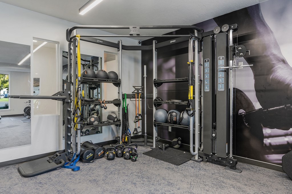 a home gym with weights and equipment on the floor and a wall with a mural at The Flats at Riverwoods, Provo, 84604